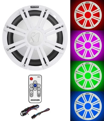 KICKER 45KM102 10" 350w Marine Boat Subwoofer Sub+White Grille w/LED's+Remote - Image 1 of 4