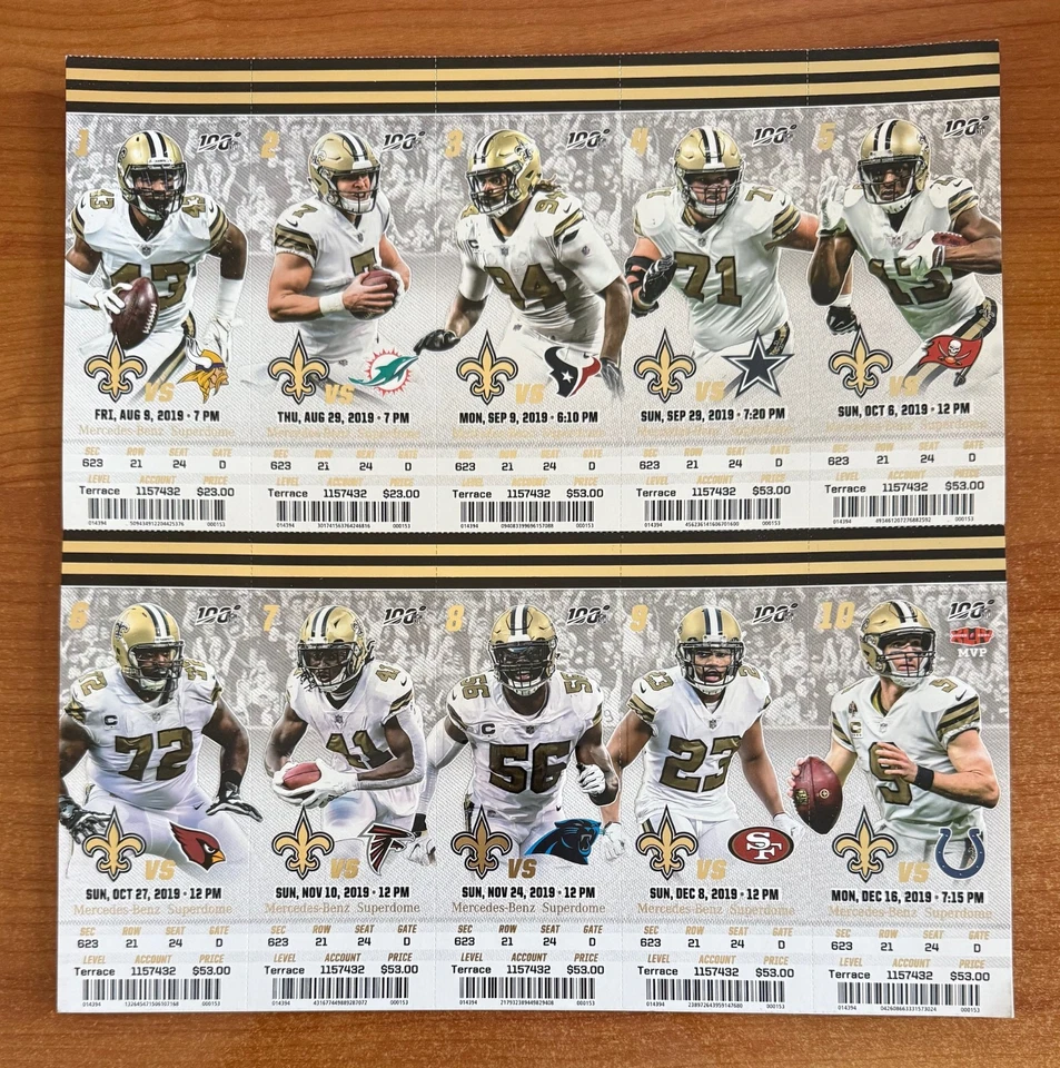 Hoja completa de boletos de fútbol americano de los New Orleans Saints de la NFL Drew Brees Record 2019  Foto 1 de 1