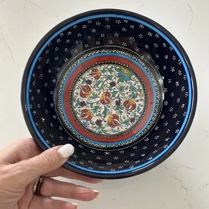Handmade Turkish Ceramic Bowl Blue Floral 7" Mavi Deniz Decorative Art Pottery - Picture 1 of 8