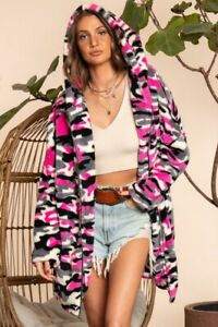 Hot Pink Camo Sherpa Hooded Faux Fur Camouflage Hoodie Jacket Coat M Medium