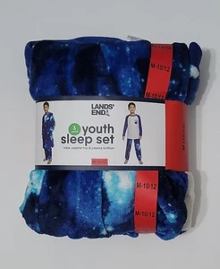 Lands End 3 Piece Boys Sleep Set Robe Pajama Top & Bottom, Blue, Medium (10/12) - Picture 1 of 8