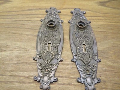 PAIR " VICTORIAN " BRASS PLATED DOOR PLATES, , EASTLAKE? ORNATE DETAIL. - Image 1 of 4