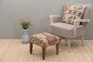 Handcrafted Acacia Wood Stool with Decorative Kilim Upholstery | Elegant Footsto - Picture 1 of 5