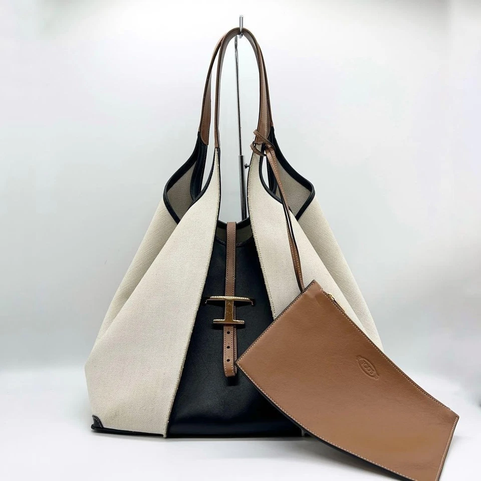 Tod’s T Timeless Shoulder Bag Off-White Black Canvas Leather Authentic Used 1023 - Image 1 of 4