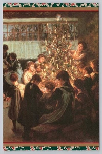 Postal navideña estilo vintage a la luz de las velas del árbol de Navidad de los niños alrededor - Imagen 1 de 2