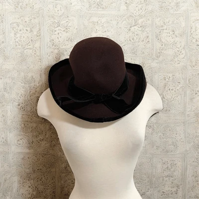 J Peterman Italia Clásico Vintage Marrón Negro Fieltro Bowler Gorra Sombrero Arco Foto 1 de 4