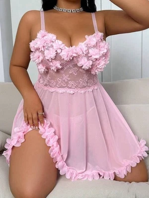 3D Flouncy Sheer Pink Babydoll  Hollow Floral Nightgown Thong Set PLUS 4XL NEW - Image 1 of 4