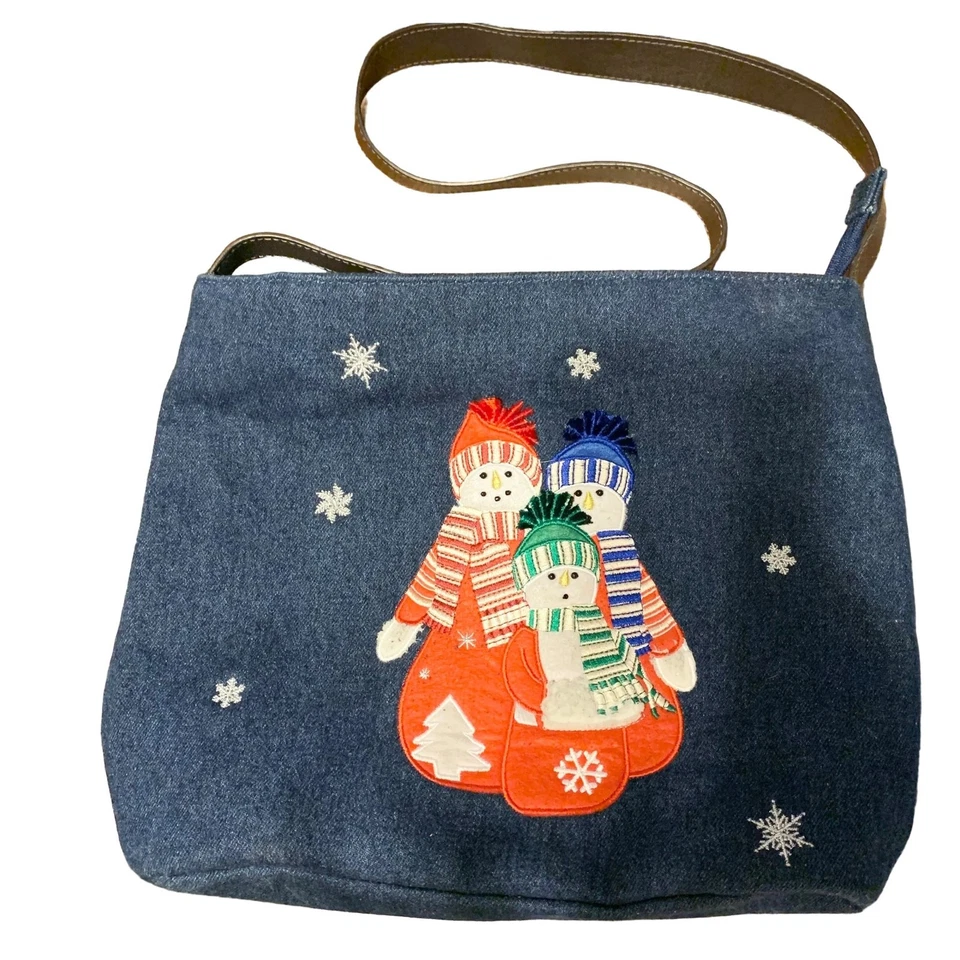 Kim Rogers Denim Shoulder Bag Snowman Holiday Winter Snow Christmas Med Sz Hobo - Image 1 of 4