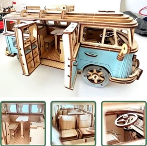 VW Volkswagon Campervan Car Creative 3D DIY Wooden Craft kit Blue - Picture 1 of 5