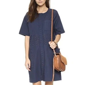 Current Elliott 2 Ama Tie Dress Oversized Blue Eyelet Waist Crochet Shift Womens - Picture 1 of 4