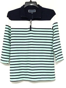 Karen Scott Sport Women's S Aqua Ice Stripe Quarter Zip Pullover Top T-Shirt - Picture 1 of 7