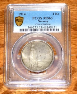 1914 Norway Silver 2 Kroner 100th Anniversary Constitution KM # 377 PCGS MS 63 - Picture 1 of 4