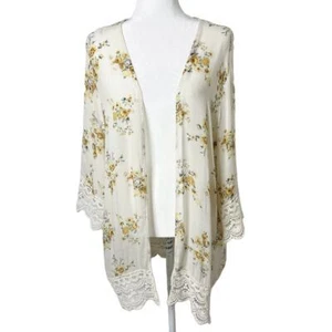 Mason & Belle Women's Laria Kimono Top M White Yellow Floral Open Front Crochet - Picture 1 of 11