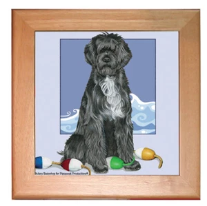 Portuguese Water Dog Portie Dog Ceramic Trivet Framed in Pine 8" x 8" - Picture 1 of 1