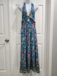 Turquoise Women Halter V-neck Sleeveless Long Dress Floral Print Backless Dress - Picture 1 of 7