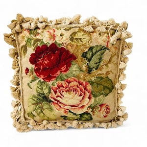 Luxury Chartwell Tapestry Pillow Needlepoint Pillow Roses, Tapestry Fringe - Picture 1 of 12