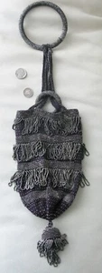 Antique Purple Crochet Silver Steel Micro Bead Handle Fringe Ball Tassel Purse - Picture 1 of 16