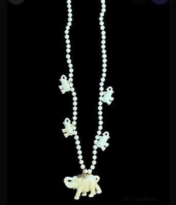 Lucky Elephant Charm Necklace Cream Beaded Pendant Vtg Retro Boho Western  - Image 1 of 4