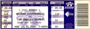 Diamondbacks Dodgers MLB Full Ticket Stub 7/1/02 Hideo Nomo Win #42 Gagne Save - Picture 1 of 2