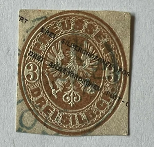 1862 PRUSSIA STAMP #20 DREI SILBERGROSCHEN WITH INTERESTING BLUE CANCEL - Picture 1 of 3