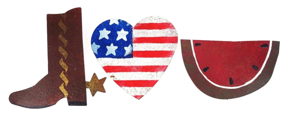  3 Cut Metal Fridge Magnets US Flag Heart Cowboy Boot Watermelon Rustic  - Image 1 of 4