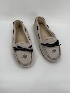 LL Bean Slippers Moccasins Suede Fleece Lined Ivory Velvet Bow Women's SIZE 8 - Picture 1 of 11