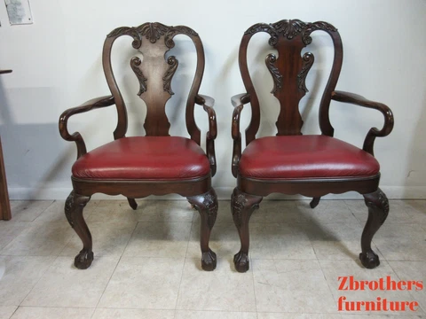 Pair Ethan Allen Mahogany Chippendale Carved Dining Room Arm Chairs Ball Claw Cover