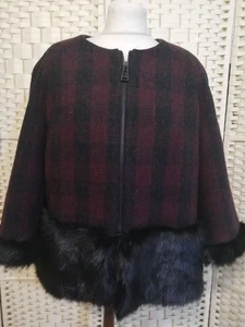 French Connection size 14 dark plum & black wool rich jacket with faux fur trim - Picture 1 of 11