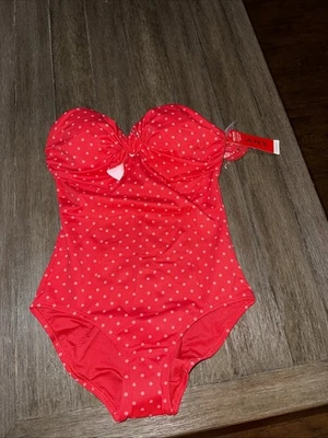 Spanx Swimsuit Bandeau Push-up One Piece Size 12 New With Tags Polka Dot Red - Image 1 of 3