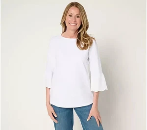 Denim & Co. Textured Cotton Boat Neck 3/4 Slve Embroidered Top-White-2X A692003 - Picture 1 of 1
