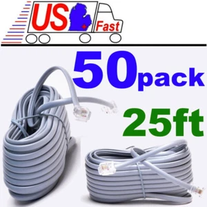 Lot50 25ft RJ11 Modular 6P4C 4wire Phone/Telephone Line Flat Cord/Cable{SILVER - Picture 1 of 2