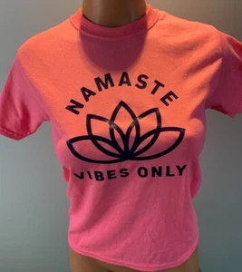 Girls Youth Small 6 8 Pink T-shirt W/Navy "Namaste Vibes Only" Lotus Handmade - Picture 1 of 6