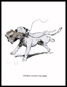 BULL TERRIER RUNS OFF WITH HARE VINTAGE STYLE A4 SIZE DOG ART PRINT POSTER - Picture 1 of 1