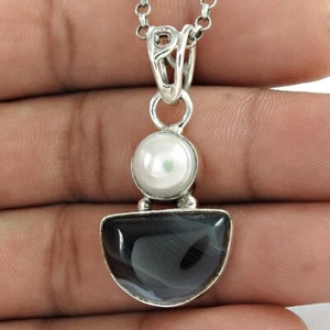 Cabochon Striped Onyx 925 Solid Silver Wedding Wife Elegant New Pendant Jewelry - Picture 1 of 4