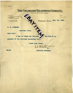 1909 C E Stratton LETTERHEAD Trinidad Colorado TELEPHONE CO EB Field E M Burgess - Picture 1 of 1