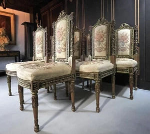 Marie Antoinette style Guilted Set Of 8 French carved dining/chairs antiques - Picture 1 of 11