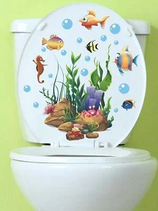 Stones Seaweed Fish Toilet Lid Sticker Creative Decor Wall Art Adhesive Wall - Picture 1 of 6