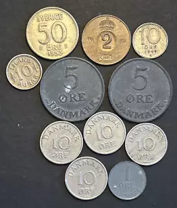 Lot of 11 Vintage Denmark Sweden Iceland 1, 2, 5, 10, 50 Ore & Aurar Coins 1933 - Picture 1 of 19