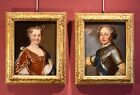 Peinture Antique Couple Portraits Luigi XV regina Gobert Huile sur Toile XVIII C