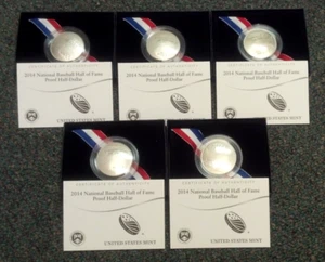 DEALER LOT (5) 2014-S PROOF BASEBALL HOF CLAD HALF DOLLAR WITH OGP (2918) - Picture 1 of 3
