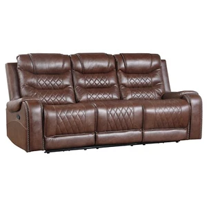 BROWN MICROFIBER DIAMOND PATTERN POWER SOFA WITH DROP DOWN TABLE LIVING ROOM - Picture 1 of 8