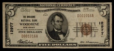 Fr 1800-1 $5 1929 National Bank Note Woodbine NJ US - Ch 12977 - SKU-CA1214 - Image 1 of 2
