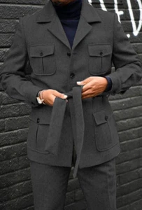 Vintage Men Safari Jacket with Belt British Style Multi Pockets Wedding Tuxedos - Picture 1 of 21
