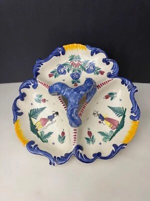 1930's HB Henriot Quimper French Faience Pottery 3 Divided Serving Dish Tray 485 - Image 1 of 4