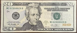 $20 BILL BINARY RADAR PALINDROME 6 OF A KIND IN 8’S FANCY SERIAL NUMBER 82888828 - Picture 1 of 3