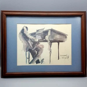 1976 gerahmter Meiersdorff New Orleans Aquarelldruck Jazz Klavierspieler signiert - Bild 1 von 11
