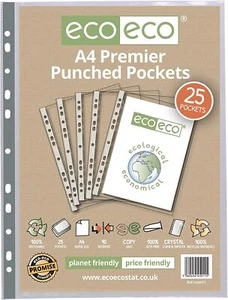 eco-eco A4 Premier Punched Plastic Pockets Smooth Glass Clear 100% Recycled x 25 - Picture 1 of 3