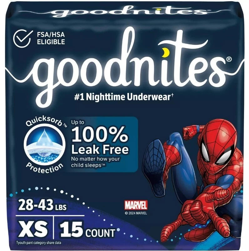 Spider-Man Goodnites Ropa Interior Nocturna para Mojar la Cama Niños X/S (28-43 lb) 15 Ct Foto 1 de 1