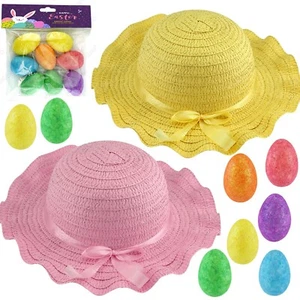 52cm Easter Straw Woven Ribbon Wrapped Bonnet Glitter Foam Eggs DIY Craft Set - Picture 1 of 52