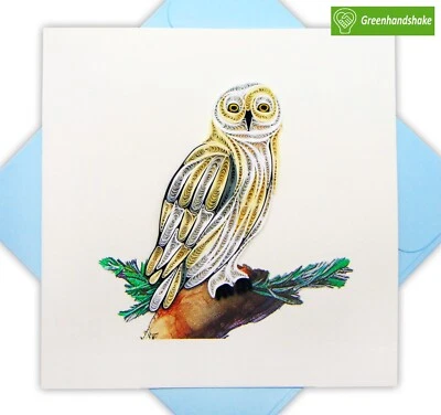 Cartão de felicitações Snowy Owl Quilling - Arte dedicada exclusiva feita à mão - Imagem 1 de 4